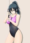  black_eyes black_hair competition_swimsuit contrapposto covered_navel fuuma_nagi grey_background long_hair one-piece_swimsuit original ponytail simple_background solo standing swimsuit sword weapon 