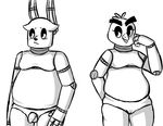  2015 animatronic anthro avian balls barely_visible_genitalia bird black_and_white bonnie_(fnaf) breasts chica_(fnaf) chicken duo featureless_breasts female five_nights_at_freddy&#039;s flaccid inkyfrog lagomorph looking_at_viewer machine male mammal monochrome nude penis pussy rabbit robot simple_background subtle_pussy video_games white_background 