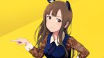  animal_ears brown_eyes brown_hair dress fake_animal_ears idolmaster idolmaster_cinderella_girls kabayaki_unagi long_hair looking_at_viewer mizumoto_yukari pointing smile solo yellow_background 