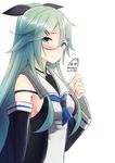  artist_name bad_id bad_pixiv_id black_ribbon blue_eyes blue_neckwear blush breasts dated detached_sleeves green_hair hair_between_eyes hair_ornament hair_ribbon hairclip halter_top halterneck hand_up kantai_collection large_breasts light_frown long_hair looking_at_viewer neckerchief nekobaka ponytail ribbon school_uniform serafuku signature solo strap_slip twitter_username upper_body yamakaze_(kantai_collection) 