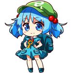  backpack bag blue_dress blue_eyes blue_footwear blue_hair blush_stickers boots chibi dress flat_cap full_body green_hat hair_bobbles hair_ornament hands_on_hips hat kawashiro_nitori key looking_at_viewer lowres pocket puffy_short_sleeves puffy_sleeves renren_(ah_renren) short_sleeves simple_background smile solo standing touhou twintails white_background 