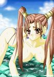  1girl bikini bikini_bottom blue_sky blush breasts brown_hair dragon_quest dragon_quest_viii earrings jessica_albert jewelry jun large_breasts long_hair red_eyes sky solo swimsuit topless twintails water wet 