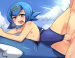  1girl ass bangs bare_arms bare_legs bare_shoulders blue_eyes blue_hair blue_sky blue_swimsuit blush body_blush breasts bright_pupils censored cloud cloudy_sky collarbone condensation_trail covered_navel cum cum_in_pussy day eyelashes flipped_hair gen_7_pokemon hair_between_eyes hairband hetero hinghoi light_particles looking_away looking_to_the_side lying mosaic_censoring nipples on_side one-piece_swimsuit open_mouth outdoors penis pokemon pokemon_(creature) pokemon_(game) pokemon_sm pussy riding sex shiny shiny_skin short_hair sky small_breasts solo_focus spread_legs suiren_(pokemon) swimsuit swimsuit_pull teeth testicles trial_captain vaginal wishiwashi 