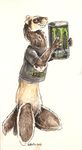  2016 ambiguous_gender beverage bottomless brown_eyes can clothed clothing energy_drink ferret heather_bruton mammal mustelid simple_background solo white_background 