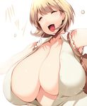  breasts brown_hair closed_eyes hair_ornament hairclip huge_breasts narusawa_ryouka occultic;nine open_clothes open_mouth open_shirt popped_button shirt short_hair simple_background solo tsukasawa_takamatsu white_background 
