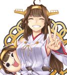  2girls :d ^_^ armpits black_eyes brown_hair chibi closed_eyes commentary_request detached_sleeves dual_persona grin hairband ishii_hisao kantai_collection kongou_(kantai_collection) long_hair looking_at_viewer multiple_girls nontraditional_miko open_mouth smile v 