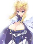  armor armored_dress artoria_pendragon_(all) artoria_pendragon_(lancer) bad_id bad_pixiv_id blonde_hair blush breasts cape cleavage crown dress fate/grand_order fate_(series) gloves green_eyes large_breasts long_hair looking_at_viewer no_bra shiny shiny_clothes shiny_hair smile upper_body 