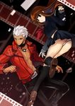  1girl abs archer ass brown_eyes brown_hair dark_skin dark_skinned_male fate/extra fate_(series) film_strip jacket jam8686 kishinami_hakuno_(female) long_hair midair miniskirt navel panties red_jacket school_uniform skirt sleeves_past_wrists tsukumihara_academy_uniform_(fate/extra_ccc) underwear upskirt white_hair white_panties 