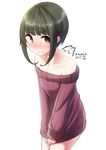  artist_name bad_id bad_pixiv_id bangs bare_shoulders blunt_bangs blush brown_eyes collarbone cowboy_shot crying crying_with_eyes_open dated embarrassed full-face_blush green_hair highres kantai_collection looking_at_viewer nekobaka off_shoulder ribbed_sweater signature simple_background solo sweater takanami_(kantai_collection) tears white_background 