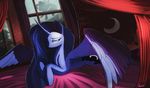 auroriia blue_eyes blue_feathers detailed_background equine eyelashes feathered_wings feathers female feral friendship_is_magic hooves horn lying mammal my_little_pony nude princess_luna_(mlp) solo winged_unicorn wings 