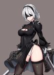  black_dress black_gloves black_legwear blindfold bow breasts cleavage cleavage_cutout covered_nipples cowboy_shot dress dual_wielding gg-e gloves holding long_sleeves medium_breasts mole mole_under_mouth nier_(series) nier_automata panties pantyshot pantyshot_(standing) parted_lips puffy_long_sleeves puffy_sleeves short_hair side_slit silver_hair solo standing sword thighhighs underwear weapon white_panties yorha_no._2_type_b 