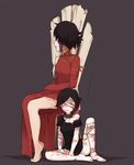  asymmetrical_clothes bandages barefoot beaten black_hair blindfold blood bone bruise chair cinder_fall collar collarbone cuts dress gold_trim gradient_hair highres injury looking_away looking_to_the_side multicolored_hair multiple_girls no_shoes panties red_hair ruby_rose rwby scar scratches short_hair slave torn_clothes two-tone_hair underwear yancon 