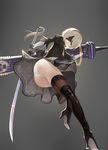  1girl android ass black_dress black_legwear blindfold boots breasts dress eis from_below gloves hairband high_heel_boots high_heels nier_(series) nier_automata panties short_hair solo sword thigh_boots thighhighs underwear upskirt weapon white_hair white_panties yorha_unit_no._2_type_b 