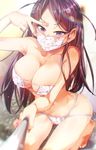  ass_visible_through_thighs bad_id bad_pixiv_id bare_shoulders barefoot bikini blurry blurry_background blush bokeh breasts brown_hair cleavage collarbone depth_of_field earrings eyepatch_bikini face_mask fingernails floral_print hand_to_head heart heart-shaped_pupils holding jewelry kneeling large_breasts long_fingernails long_hair looking_at_viewer mask midriff nail_polish navel original pink_nails pose purple_eyes ryouma_(galley) self_shot selfie_stick solo strap_gap strapless strapless_bikini string_bikini stud_earrings surgical_mask swimsuit symbol-shaped_pupils v v_over_eye 