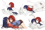  beamed_eighth_notes black_hair blush chinese closed_eyes digital_media_player earphones eighth_note face-to-face flying_sweatdrops instrument keyboard_(instrument) kuma_(bloodycolor) long_hair love_live! love_live!_school_idol_project lying multiple_girls musical_note nishikino_maki notebook on_back on_person on_stomach open_mouth partially_colored pillow purple_eyes red_hair shared_earphones shorts sixteenth_note smile sonoda_umi translation_request writing yuri 