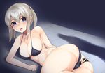  ass bad_id bad_pixiv_id bangs bikini black_bikini blonde_hair blue_eyes blush breasts breath cleavage come_hither commentary full-face_blush gedou_(shigure_seishin) graf_zeppelin_(kantai_collection) hair_between_eyes hand_on_own_ass heart heart-shaped_pupils kantai_collection large_breasts looking_at_viewer lying on_side shadow solo swimsuit symbol-shaped_pupils thighs tongue tongue_out torogao twintails twisted_torso 