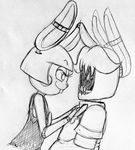  2015 animatronic anthro black_and_white buckteeth duo eye_contact five_nights_at_freddy&#039;s five_nights_at_freddy&#039;s_2 inkyfrog lagomorph machine male mammal monochrome rabbit robot simple_background smile teeth toy_bonnie_(fnaf) traditional_media_(artwork) video_games white_background withered_bonnie_(fnaf) 