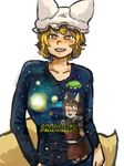  :d alternate_costume animal_ears arms_at_sides blonde_hair blush bright_pupils brown_hair cat_ears chanta_(ayatakaoisii) chen clothes_writing collarbone contemporary cowboy_shot fox_tail hand_in_pocket hat long_sleeves looking_at_viewer looking_away multiple_tails nekomata open_mouth pants photo_(object) pillow_hat simple_background sketch slit_pupils smile solo standing star_(sky) sweater tail touhou white_background yakumo_ran yellow_eyes 
