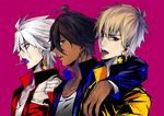  alternate_costume arm_over_shoulder blue_jacket candy dark_skin dark_skinned_male earrings fate/apocrypha fate/grand_order fate/prototype fate/prototype:_fragments_of_blue_and_silver fate/stay_night fate_(series) food gilgamesh jacket jewelry karna_(fate) lollipop looking_at_viewer magenta_background male_focus multiple_boys multiple_earrings ozymandias_(fate) pvc_parfait red_jacket shirt t-shirt tongue tongue_out yellow_jacket 