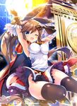  :d ;d arm_up armpits bangle bangs bare_shoulders black_gloves black_legwear black_ribbon blue_eyes blush boots bracelet breasts brown_footwear brown_hair cape clarisse_(granblue_fantasy) clock clock_tower diffraction_spikes eyebrows_visible_through_hair floating_hair gloves glowing granblue_fantasy hair_ribbon hand_up jewelry jumping lace lace-trimmed_skirt long_hair looking_at_viewer medium_breasts miniskirt nanamomo_rio one_eye_closed open_mouth petals ponytail red_cape red_skirt ribbon sidelocks skirt skirt_lift sleeveless smile solo sparkle teeth thighhighs tower v-shaped_eyebrows very_long_hair 