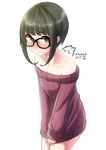  artist_name bad_id bad_pixiv_id bangs bare_shoulders black-framed_eyewear blunt_bangs blush brown_eyes collarbone cowboy_shot crying crying_with_eyes_open dated embarrassed full-face_blush glasses green_hair highres kantai_collection looking_at_viewer nekobaka off_shoulder ribbed_sweater signature simple_background solo sweater takanami_(kantai_collection) tears white_background 