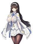  august1st black_hair breasts brown_legwear cape closed_mouth cowboy_shot fingerless_gloves girls_frontline gloves hairband highres impossible_clothes impossible_shirt large_breasts long_hair looking_at_viewer pantyhose pleated_skirt qbz-95_(girls_frontline) shirt skirt smile solo white_background white_gloves white_hairband white_skirt yellow_eyes zofe 