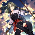  &gt;:) armor arrow artist_name ass bangs black_footwear blue_sky blurry boots bow bow_(weapon) closed_mouth cloud cloudy_sky day depth_of_field fingernails flight_deck floating_hair gloves green_hair hair_ribbon hakama_skirt holding holding_weapon horizon japanese_clothes kantai_collection kurono_yuu long_hair looking_at_viewer miniskirt muneate ocean outdoors panties pantyshot parted_bangs partly_fingerless_gloves pleated_skirt quiver red_bow red_skirt ribbon signature single_glove skirt sky sleeves_past_elbows smile solo thigh_boots thighhighs twintails underwear upskirt v-shaped_eyebrows weapon white_panties white_ribbon yellow_eyes yugake zuikaku_(kantai_collection) 