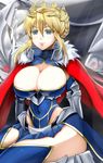  artoria_pendragon_(all) artoria_pendragon_(lancer) between_legs blonde_hair blue_dress blue_legwear blush braid breasts bursting_breasts cape cleavage cleavage_cutout closed_eyes collarbone covered_navel crown dated detached_sleeves dress fate/grand_order fate_(series) french_braid fur_trim gauntlets green_eyes hair_tucking hand_between_legs highres large_breasts legs navel sakuama sidelocks sitting smile solo thighhighs thighs tied_hair 