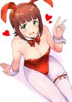  :d amami_haruka animal_ears bare_shoulders bow bowtie breasts brown_hair bunny_ears bunny_girl bunnysuit cleavage corset detached_collar fake_animal_ears green_eyes hair_ribbon heart highres idolmaster idolmaster_(classic) large_breasts leotard looking_at_viewer open_mouth pantyhose red_leotard ribbon short_hair smile solo tsurui v white_background white_legwear wrist_cuffs 