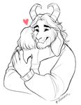  &lt;3 asgore_dreemurr beard black_and_white boss_monster caprine child claws duo elennumen facial_hair fangs goat happy horn hug human long_ears mammal monochrome protagonist_(undertale) simple_background stripes undertale video_games white_background young 
