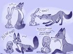  2016 bite canine dialogue disney feral fox fur judy_hopps lagomorph lying mammal nick_wilde orangeandbluecream playful rabbit sitting size_difference sniffing speech_bubble text tongue tongue_out zootopia 