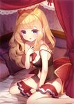  babydoll bangs bare_arms bare_legs bare_shoulders barefoot bed bedroom between_legs blonde_hair blue_eyes blush bow bowtie_removed breasts cagliostro_(granblue_fantasy) cleavage collarbone curtains eyebrows_visible_through_hair granblue_fantasy hairband hand_between_legs hand_on_own_chest holding indoors lace_trim light_particles long_hair looking_at_viewer on_bed parted_lips patori pillow red_bow red_skirt shiny shiny_hair sitting skirt skirt_pull small_breasts solo spaghetti_strap stomach strap_slip wall wallpaper_(object) 