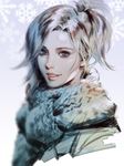  bad_id bad_pixiv_id blue_eyes blurry cropped_torso gradient gradient_background lips looking_at_viewer mercy_(overwatch) overwatch ponytail purple_background sae_(revirth) scarf silver_hair smile snowflakes solo winter_clothes 