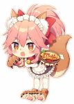  1girl alternate_costume animal_ear_fluff animal_ears apron bell bell_collar blush breasts cat_paws collar enmaided fangs fate/grand_order fate_(series) food fox_ears fox_girl fox_tail gloves hair_ribbon jingle_bell large_breasts long_hair maid maid_apron maid_headdress omelet paw_gloves paw_shoes paws pink_hair ponytail red_ribbon ribbon shoes simple_background solo tail tamamo_(fate)_(all) tamamo_cat_(fate) toko_yoshi waist_apron white_background 