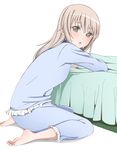  :o arm_support barefoot bed blush brown_eyes brown_hair capri_pants feet koube long_hair long_sleeves looking_at_viewer looking_to_the_side muranushi_sayuri pajamas pants simple_background sitting soles solo sweatdrop wariza white_background working!! working!!_(web_manga) 