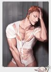  abs bottomless collarbone come_hither dated earrings grey_background grin hand_in_hair heart ima-no-tsurugi iwatooshi jewelry male_focus muscle nipples orange_eyes orange_hair parted_lips pinup poster_(object) see-through sharp_teeth shirt shirt_tug signature simple_background smile solo_focus soul_(tamashii) tape teeth touken_ranbu wet wet_clothes wet_hair wet_shirt white_shirt 