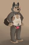  &lt;3 4_fingers 4_toes armpit_hair armpits blush body_hair briefs brown_fur bulge canine clothing cute_fangs eyes_closed fur hands_on_hip happy_trail male mammal pubes shirt solo standing sugaryhotdog_(artist) tank_top toes transparent_shirt underwear wet_shirt wolf yellow_sclera 