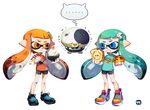  2girls :t aqua_hair aqua_shirt bike_shorts blue_eyes bow bowl bowtie cat chopsticks closed_mouth domino_mask food food_on_face full_body hair_ornament inkling jajji-kun_(splatoon) long_hair mask multiple_girls orange_eyes orange_hair red_shirt rice rice_bowl rice_on_face shirt shoes short_sleeves simple_background single_vertical_stripe sneakers splatoon_(series) splatoon_1 squid standing take_(illustrator) tentacle_hair thought_bubble toast trembling v-shaped_eyebrows white_background 