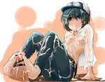  artist_request bare_feet blush bukkake censored cum cum_on_lower_body cum_on_upper_body dress_shirt ejaculation feet footjob goggles green_eyes green_hair hat highres kino kino_no_tabi nipples open_clothes open_mouth open_shirt pants ribs short_hair sitting small_breasts sweat tomboy 