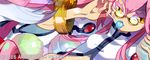  2016 bangle bangs blazblue blazblue:_central_fiction bracelet breasts candy cat_tail colored_eyelashes eyebrows_visible_through_hair fingernails food glasses hair_between_eyes holding holding_food jewelry kokonoe lollipop long_hair midriff official_art pince-nez pink_hair slit_pupils small_breasts solo tail take_(illustrator) watermark wide_sleeves yellow_eyes 