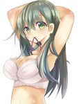  alternate_costume armpits arms_behind_head arms_up bra breasts cleavage commentary_request green_eyes green_hair kantai_collection large_breasts long_hair looking_at_viewer mouth_hold purple_bra purple_ribbon ribbon shiny shiny_skin simple_background solo sumisuzu suzuya_(kantai_collection) underwear underwear_only upper_body white_background 