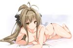 amagi_brilliant_park barefoot bow breasts brown_eyes brown_hair cleavage collarbone commentary_request feet hair_bow kure_masahiro large_breasts long_hair lying navel panties ponytail sento_isuzu solo topless underwear white_panties 
