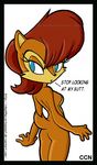  annoyed anthro blue_eyes breasts brown_fur butt chadthecartoonnut chipmunk featureless_breasts female fur hair looking_at_viewer mammal nude rear_view red_hair rodent sally_acorn solo sonic_(series) 