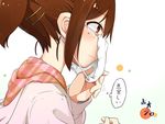  blush brown_eyes brown_hair commentary eyebrows_visible_through_hair hair_ornament hairclip hoojiro_(found1093) mask mask_pull original plaid ponytail solo speech_bubble surgical_mask thought_bubble translated watermark 