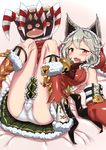  animal_ears blush breasts christmas claw_(weapon) claws collar commentary_request cro ears_through_headwear erune fang gloves granblue_fantasy highres large_breasts long_hair looking_at_viewer lying on_back open_mouth orange_eyes panties red_eyes sen_(granblue_fantasy) silver_hair skirt solo underwear weapon white_panties 