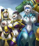  anthro areola blonde_hair blue_eyes breasts canine feline female fox green_eyes hair link2004 mammal midriff navel one_eye_closed open_mouth pussy reptile scalie smile snake snipples teeth tiger white_hair wide_hips yellow_eyes 