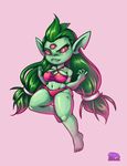  2016 alien awesomenauts ayla_(awesomenauts) bra breasts cleavage clothed clothing female freckles green_hair green_skin hair long_hair navel panties simple_background solo the-pixel-hat underwear video_games 