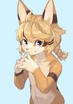  anthro blue_eyes blush braided_hair clothed clothing cub cute feline fur furiorid hair looking_at_viewer male mammal nude orange_fur ponytail simple_background solo topless umani young 