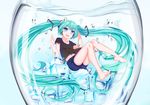  :d absurdly_long_hair air_bubble aqua_hair bare_legs barefoot blue_eyes bubble cang_se_ye_hua cup denim denim_shorts feet floating_hair full_body hatsune_miku headset highres ice ice_cube in_container in_cup long_hair looking_at_viewer minigirl navel open_mouth short_shorts shorts smile solo submerged twintails very_long_hair vocaloid water 