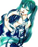  1girl aqua_hair aqua_nails blue_hair death evillious_nendaiki hands_on_another's_head hatsune_miku highres holding_head hug husband_and_wife kaito long_hair looking_down marker_(medium) mourning nagori_(voyage) nail_polish nemurase_hime_kara_no_okurimono_(vocaloid) ribbon short_hair traditional_media twintails very_long_hair vocaloid 